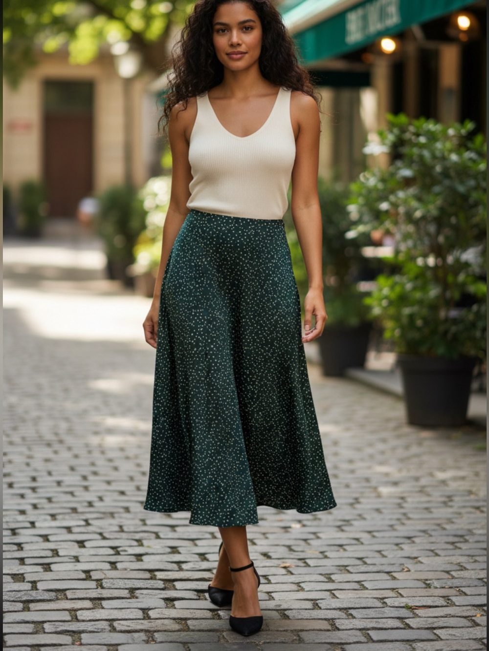 LOUCHE Green Polka Dot Speckled Midi Skirt with Slit Size 8